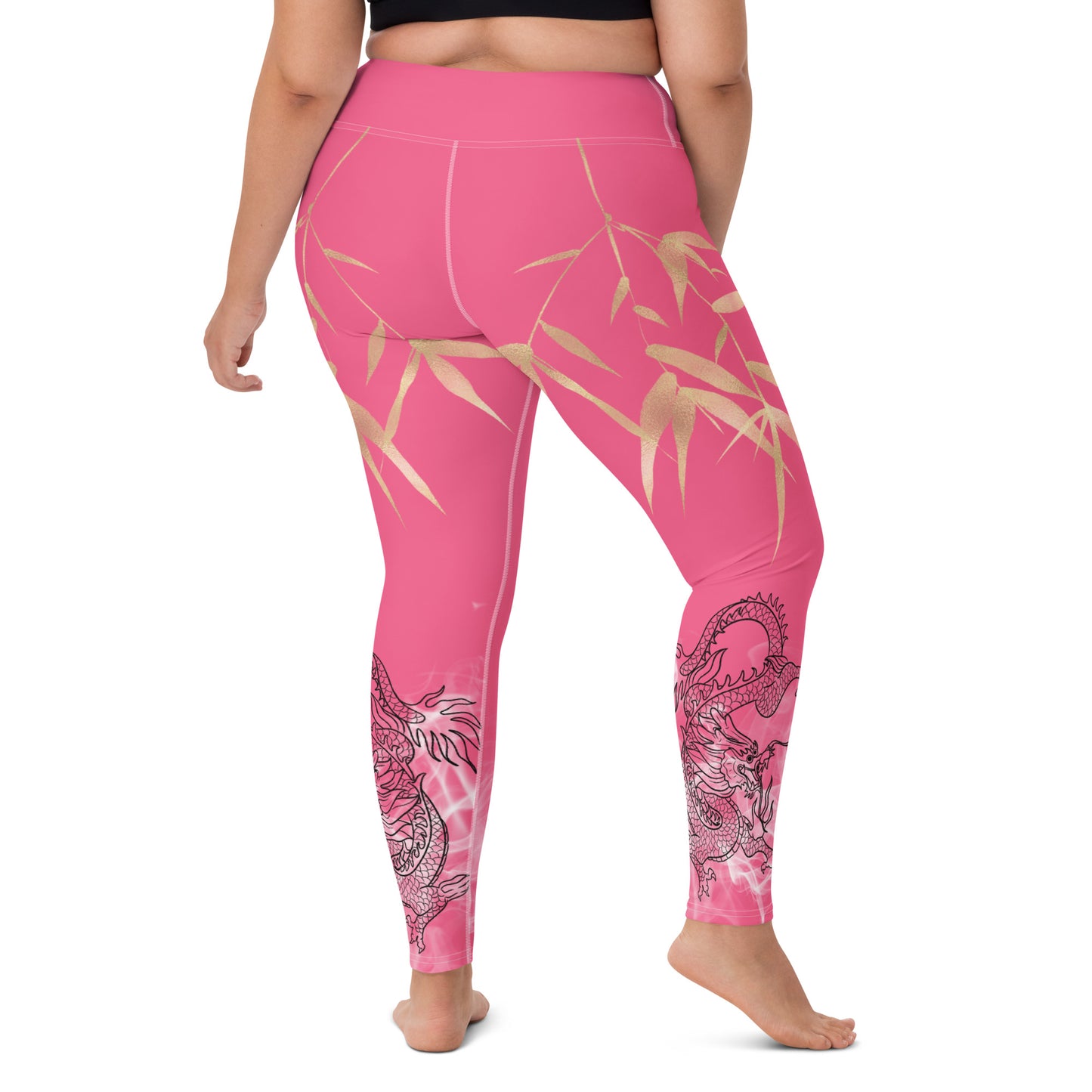 Yoga Leggings - Dragon, White Smoke, Gold Leaf, Brink Pink Background