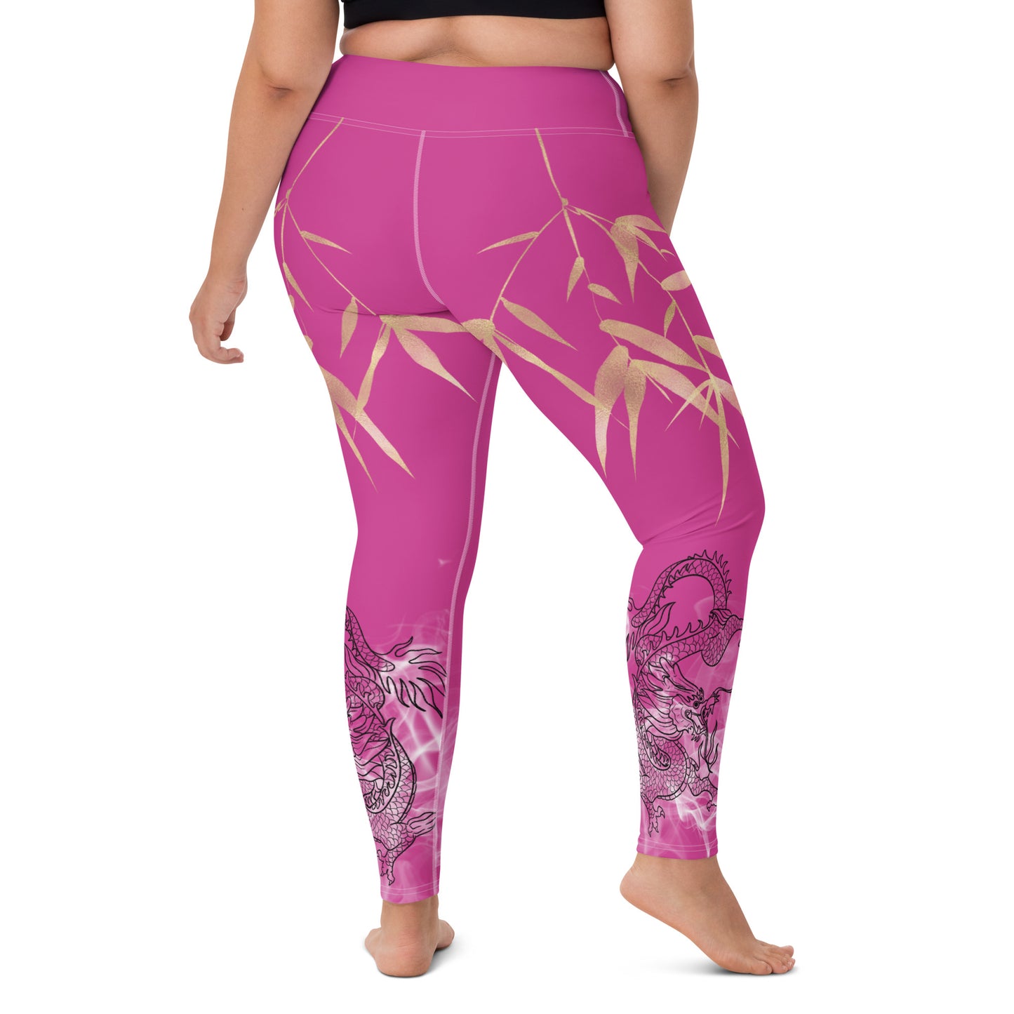 Yoga Leggings - Dragon, White Smoke, Gold Leaf, Deep Cerise Pink Purple Background