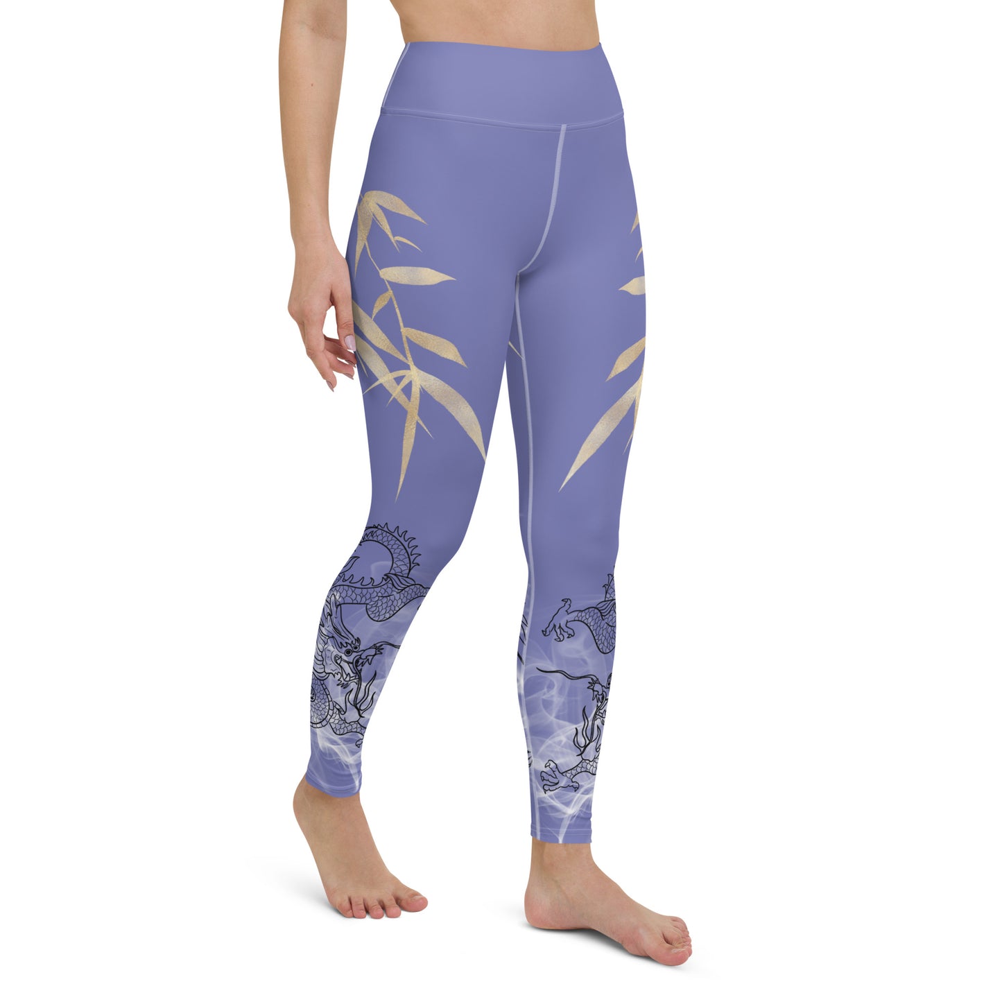 Yoga Leggings - Dragon, White Smoke, Gold Leaf, Chetwode Blue Purple Background