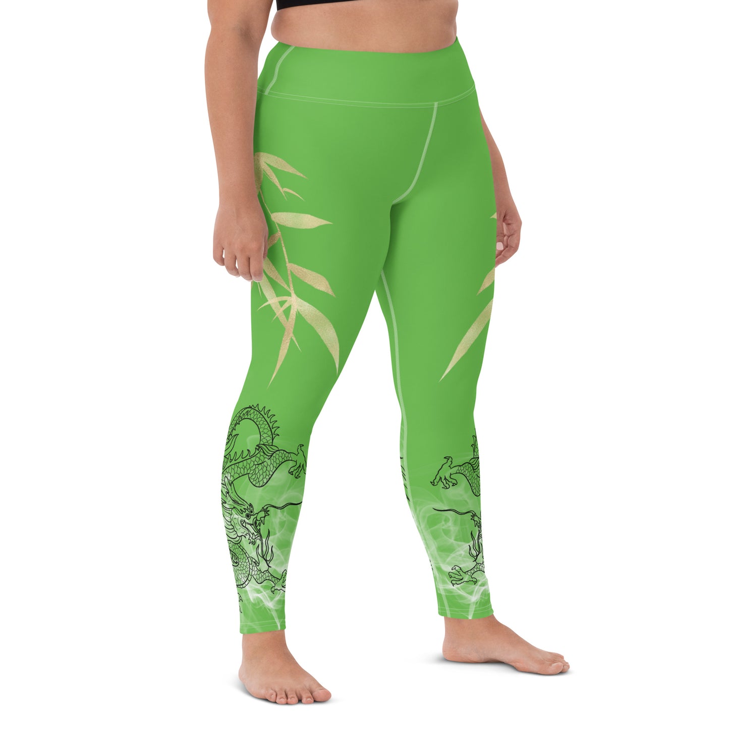 Yoga Leggings - Dragon, White Smoke, Gold Leaf, Kelly Green Background