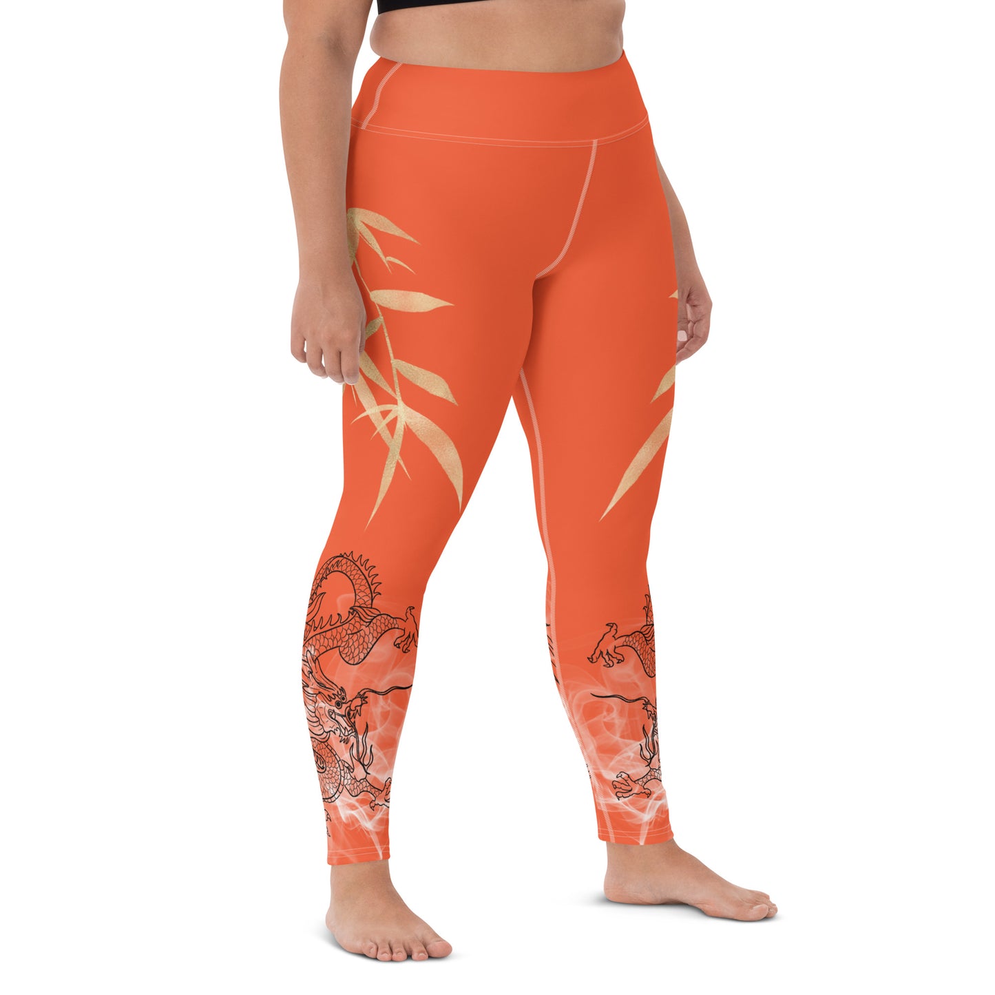 Yoga Leggings - Dragon, White Smoke, Gold Leaf, Outrageous Orange Background