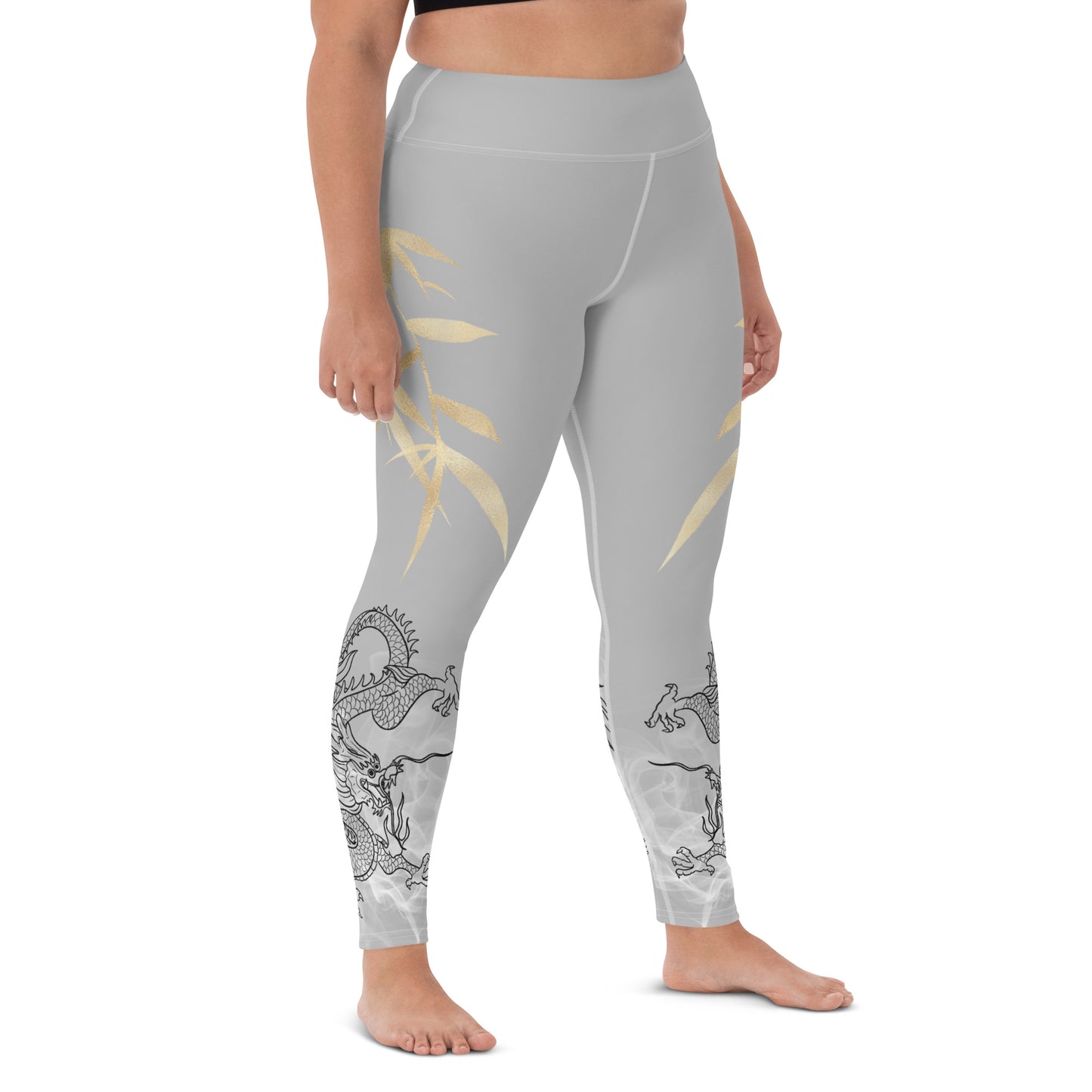 Yoga Leggings - Dragon, White Smoke, Gold Leaf, Silver Background