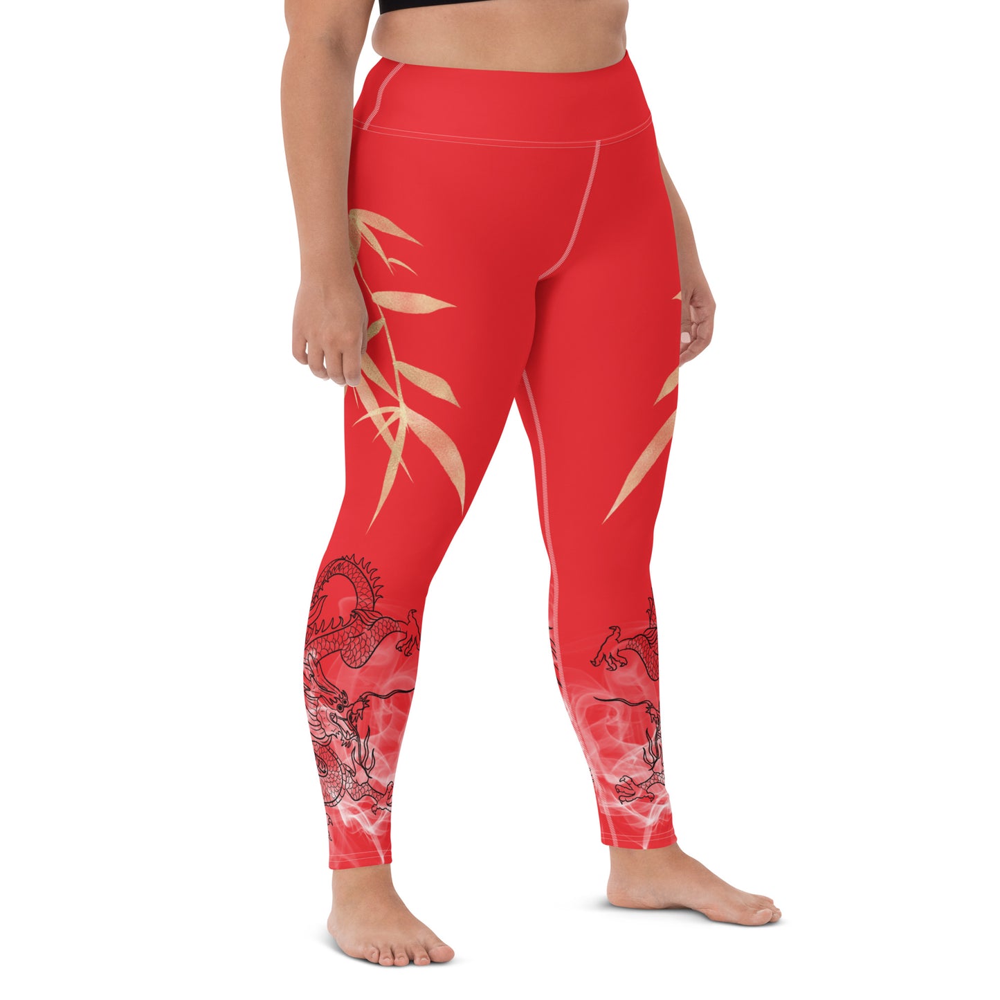 Yoga Leggings - Dragon, White Smoke, Gold Leaf, Alizarin Red Background