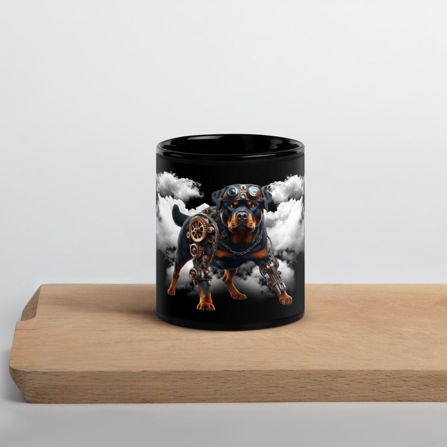 Glossy Black Steampunk Rottweiler Mug with Enchanting Steam Background 11 oz