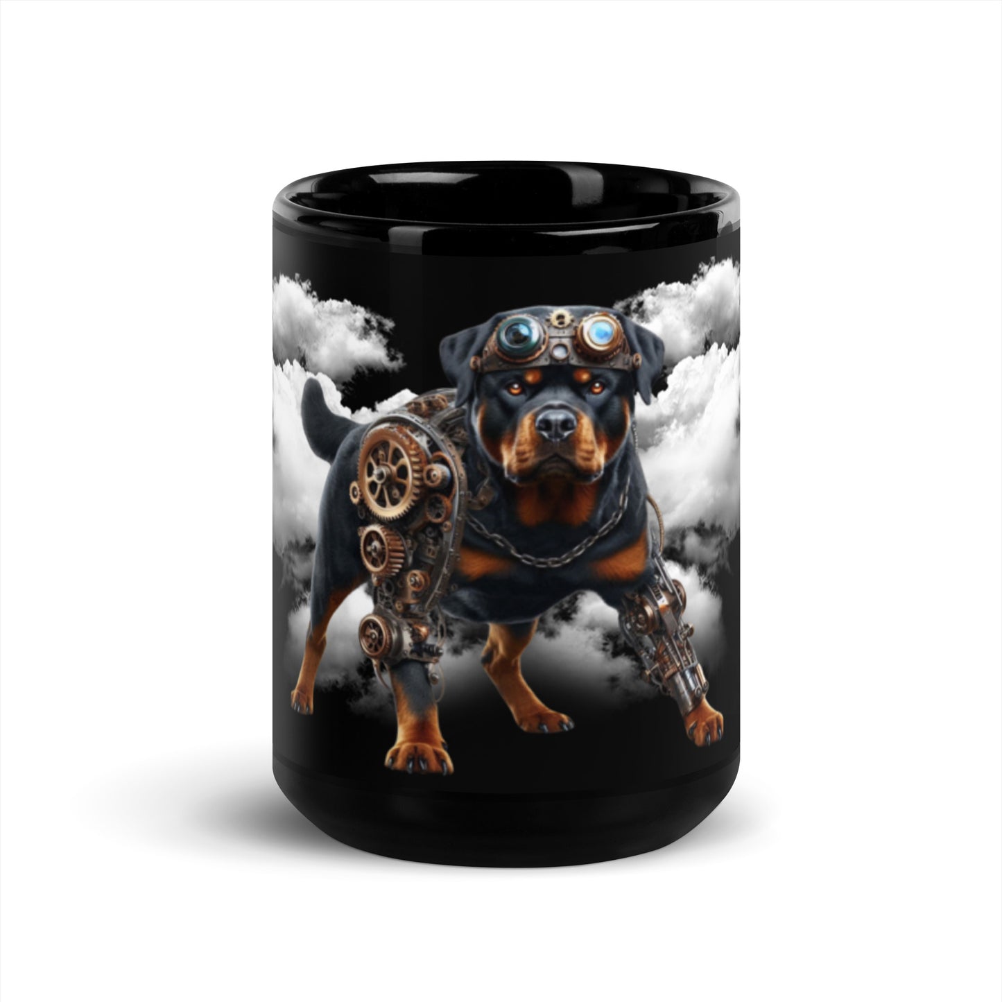 Steampunk Rottweiler Mug with Steam Clouds: Glossy Black Ceramic Cup 15 oz