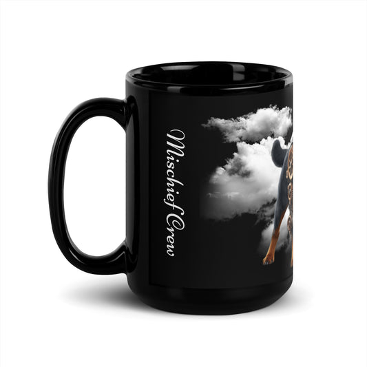 Steampunk Rottweiler Mug with Steam Clouds: Glossy Black Ceramic Cup 15 oz