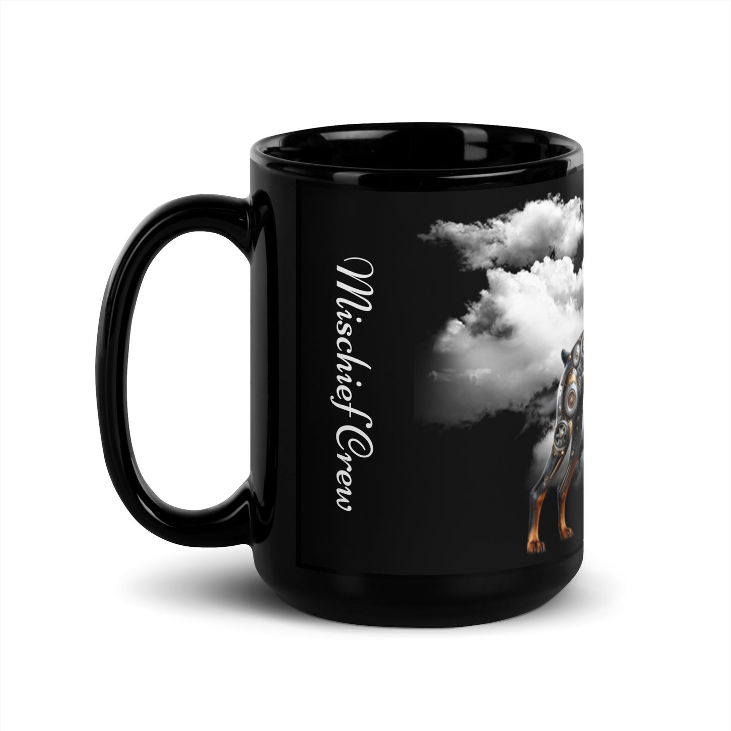 Unique Steampunk Doberman Coffee Mug - Glossy Black Finish, Steam Background 15oz