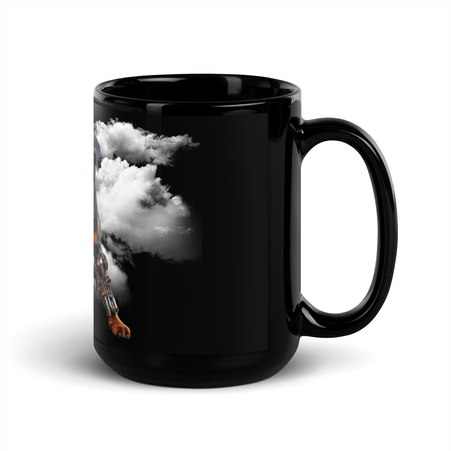 Steampunk Rottweiler Mug with Steam Clouds: Glossy Black Ceramic Cup 15 oz