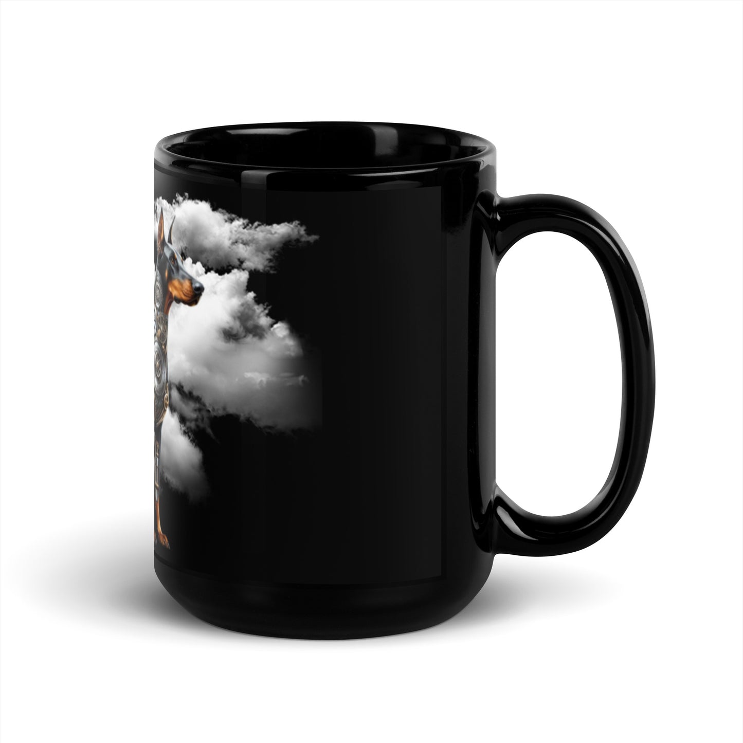 Unique Steampunk Doberman Coffee Mug - Glossy Black Finish, Steam Background 15oz