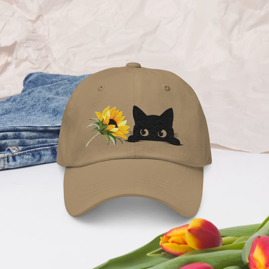 Dad Hat That Wife took – Peeking Cat with Sunflower