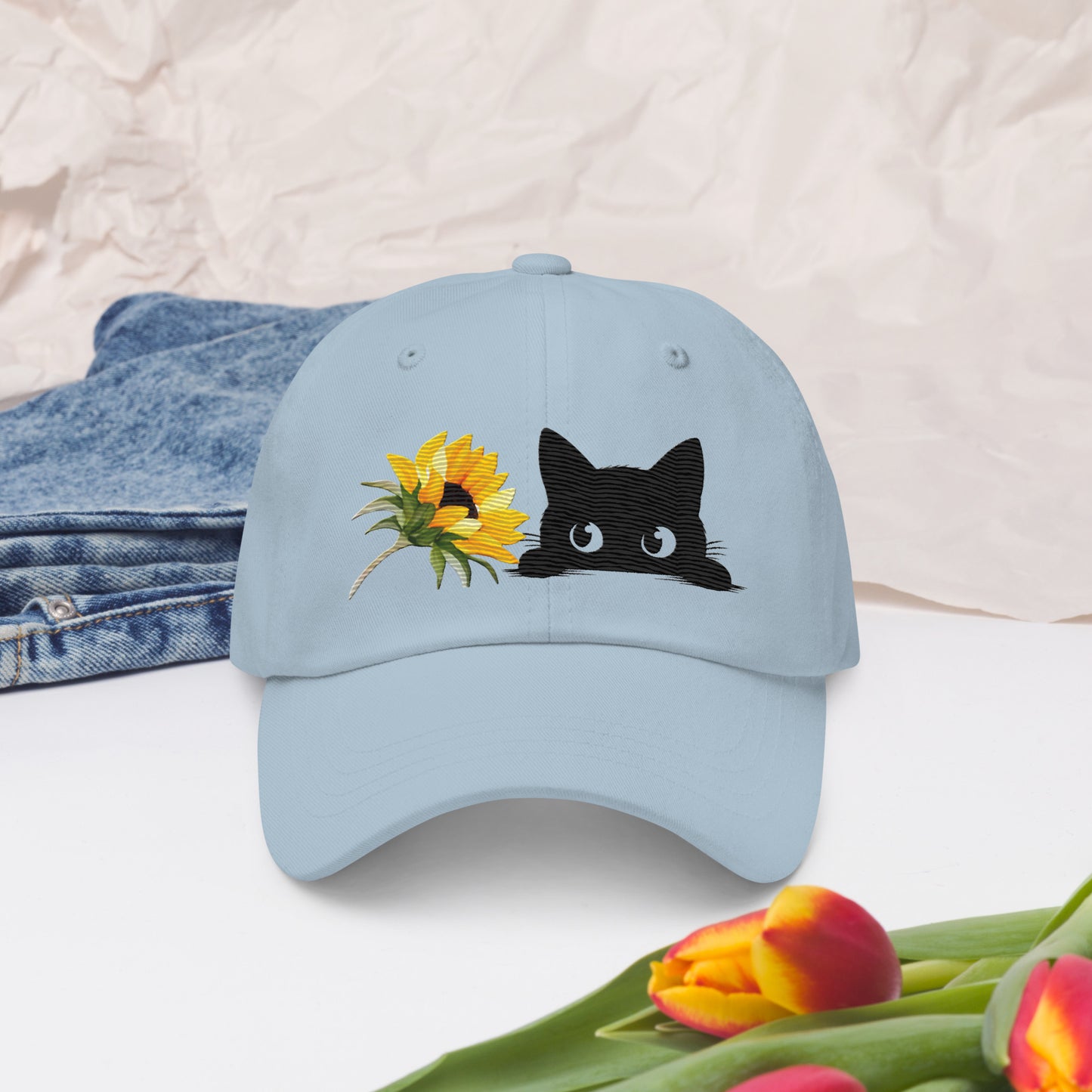 Dad Hat That Wife took – Peeking Cat with Sunflower