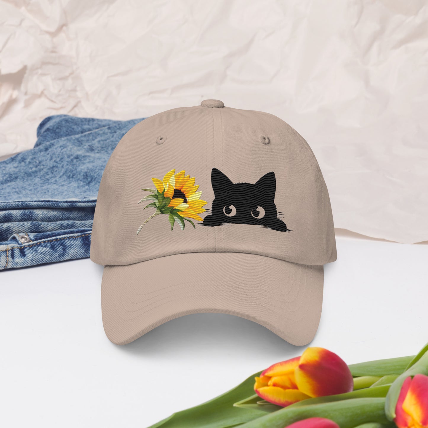 Dad Hat That Wife took – Peeking Cat with Sunflower