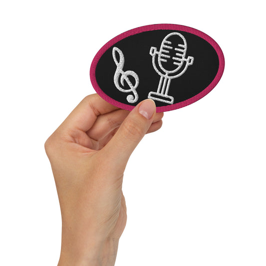 Embroidered Treble Clef Mic Patch – Dark Pink Border