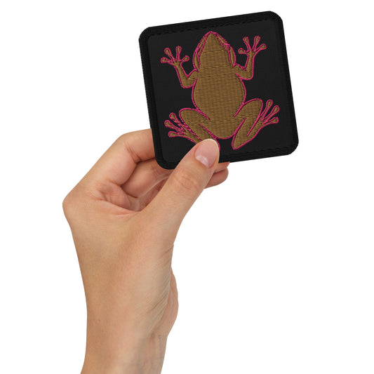 Embroidered Patches -  Old Gold Coqui Frog With Pink Outline