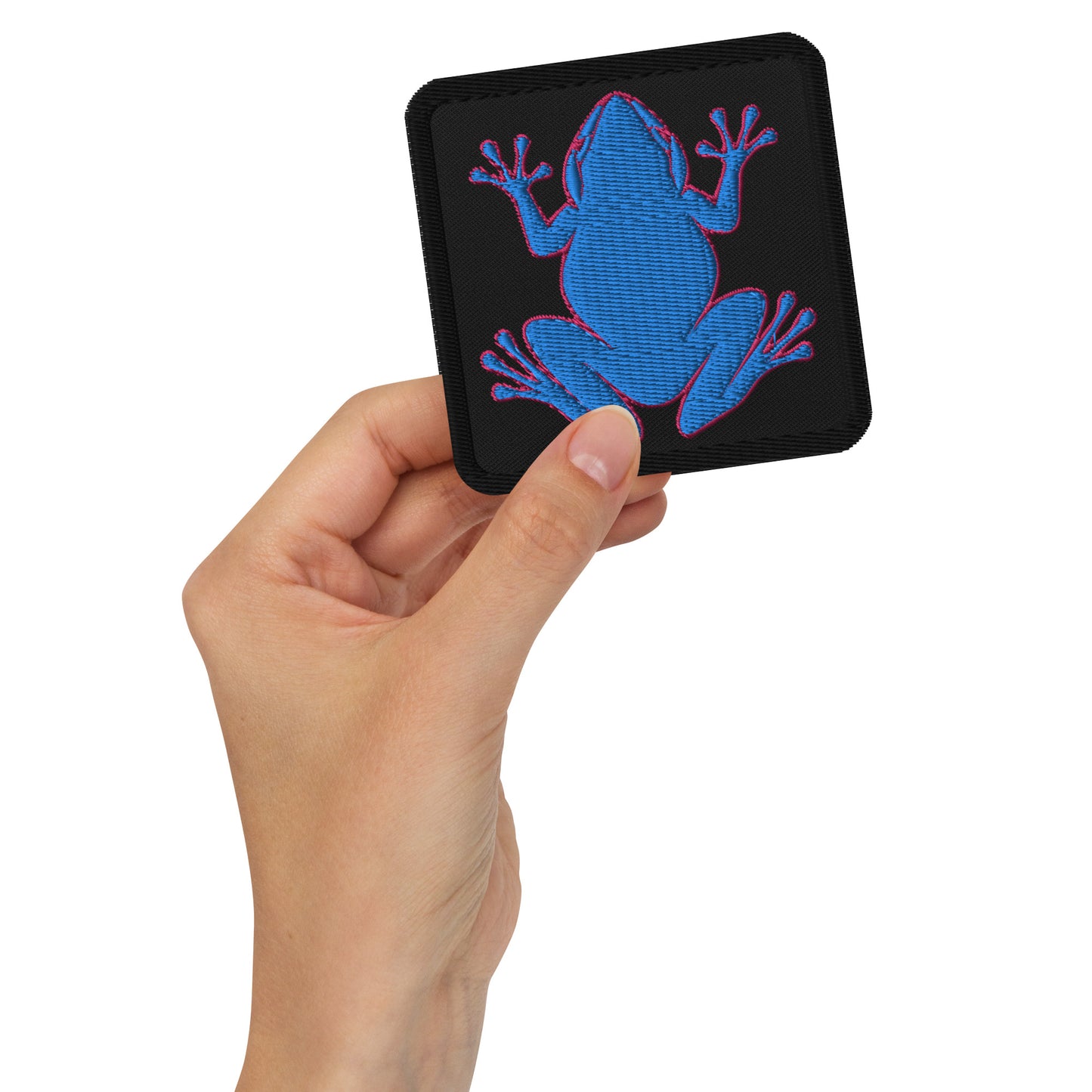 Embroidered Patches -  Blue Coqui Frog With Pink Outline