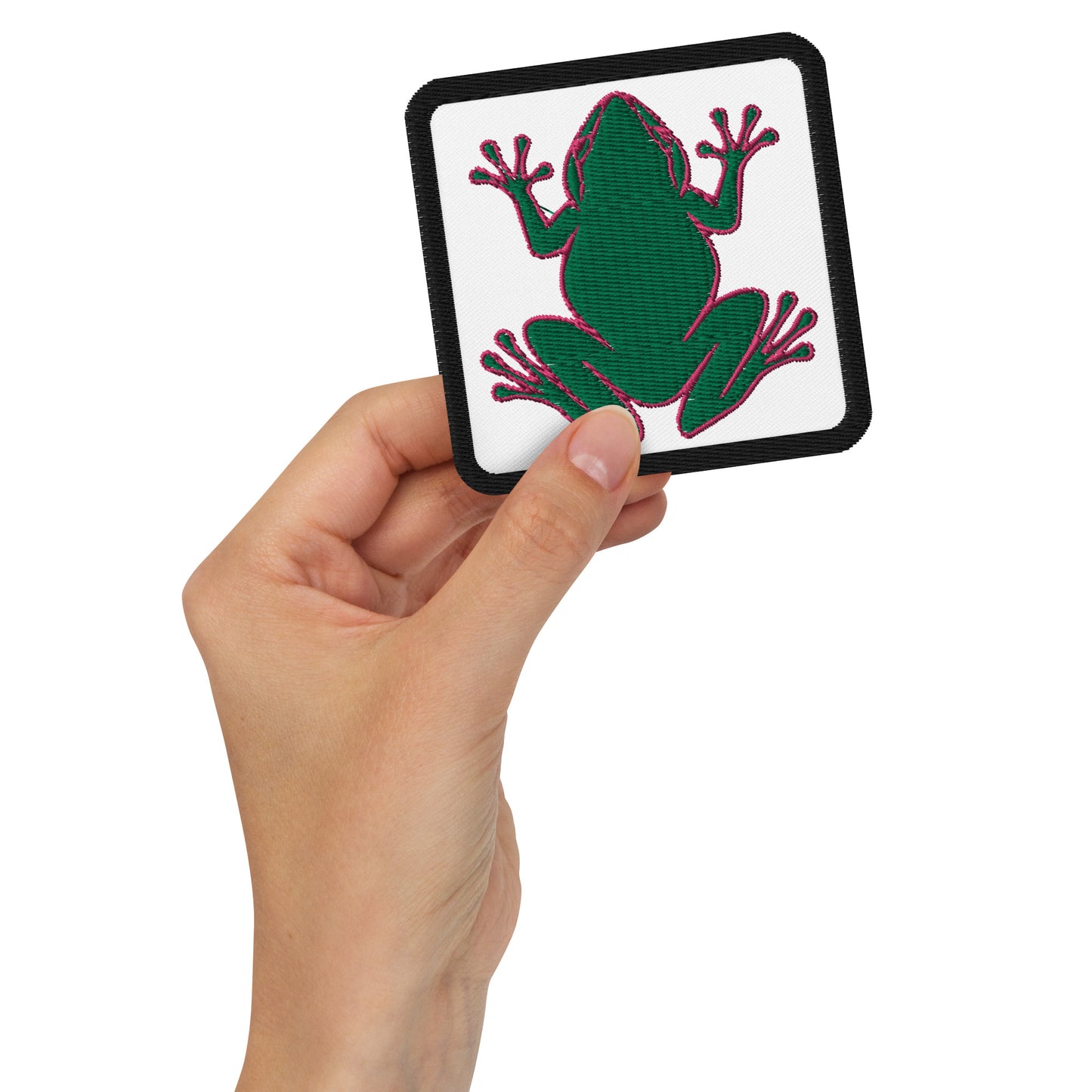 Embroidered Patches -  Green Coqui Frog With Pink Outline