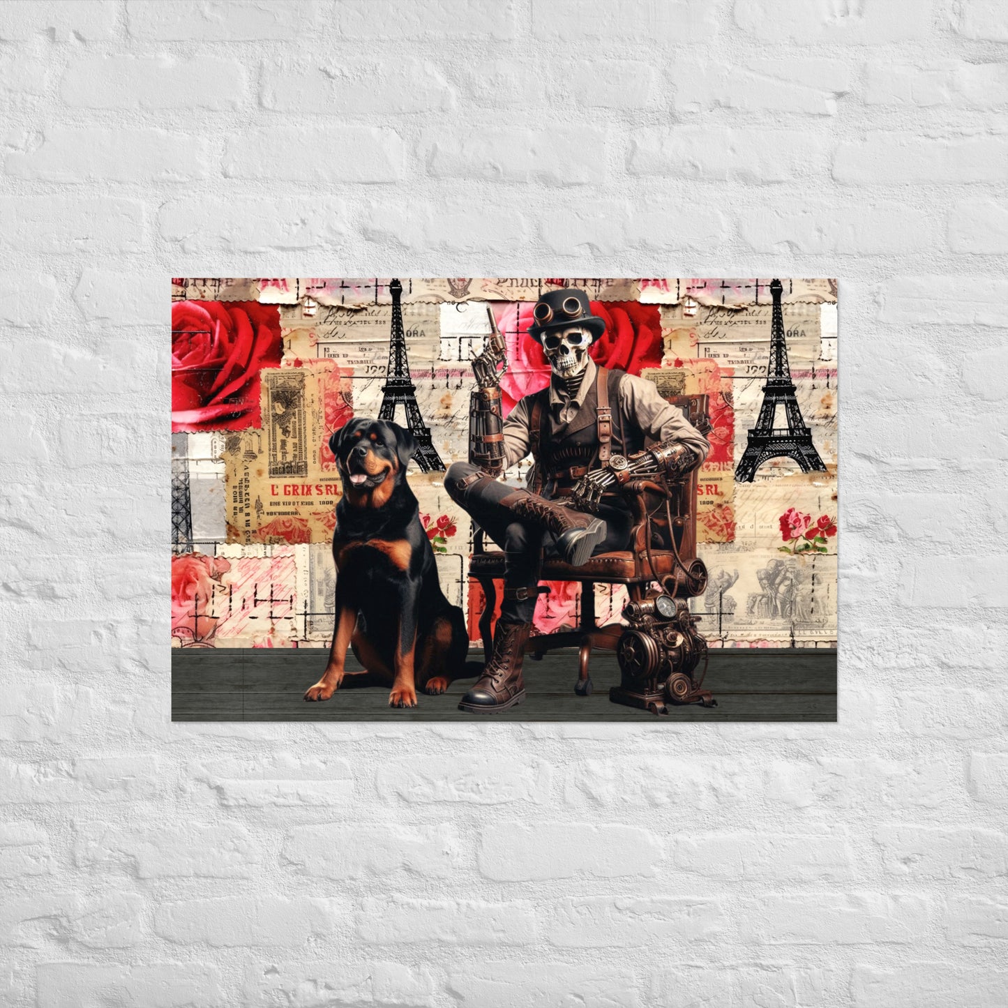 Poster - Steampunk Skull and Rottweiler Poster - Vintage Paris Theme Gothic Steampunk Art Print - Gentleman & Dog in Paris