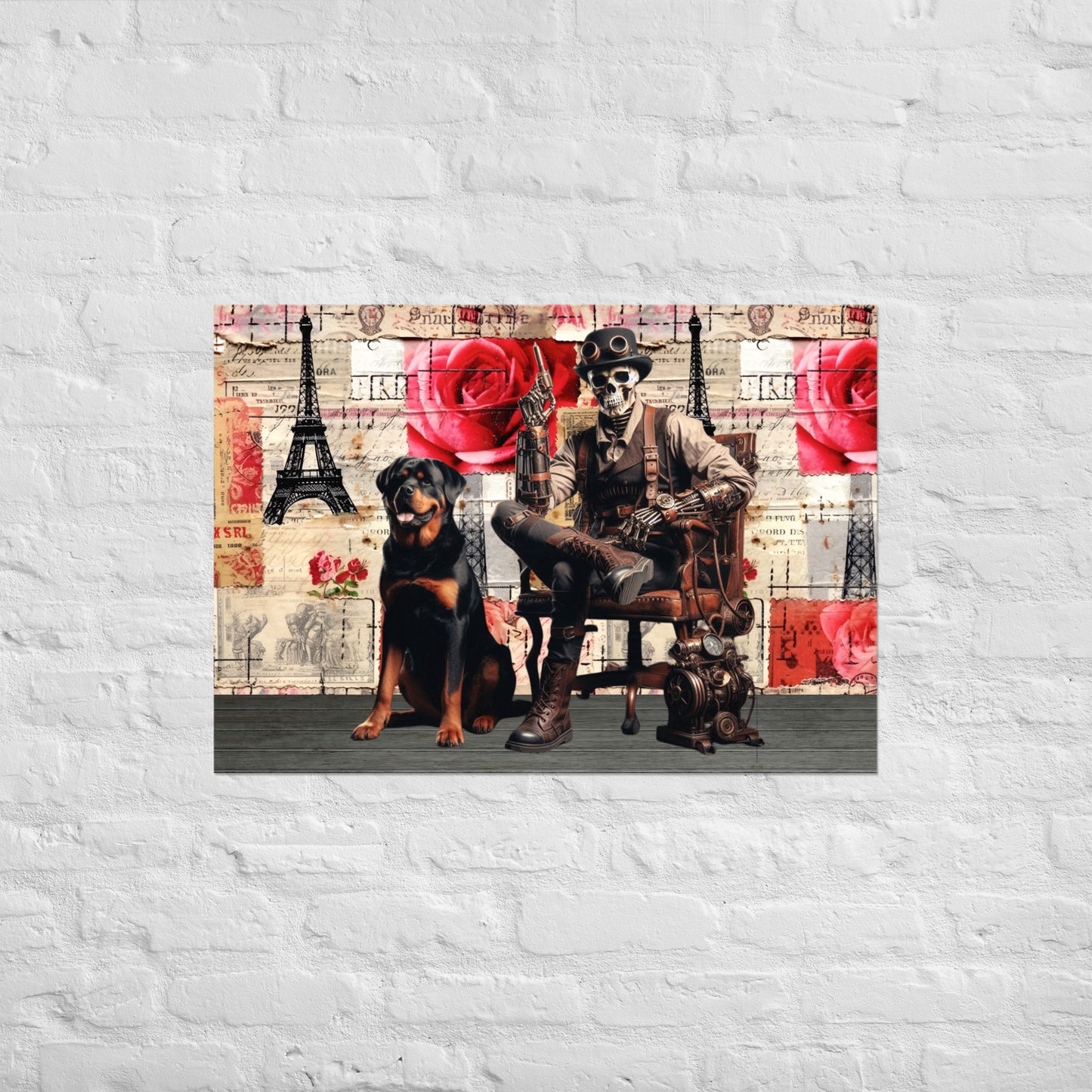 Poster - Steampunk Skull and Rottweiler Poster - Vintage Paris Theme Gothic Steampunk Art Print - Gentleman & Dog in Paris