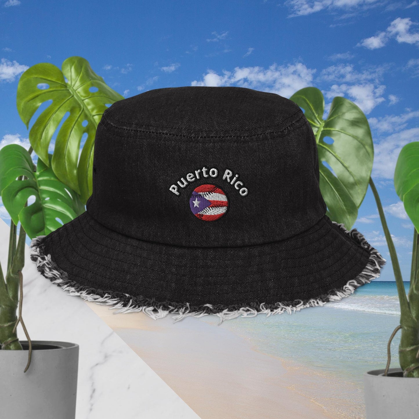 Distressed denim bucket hat - Puerto Rico Baseball