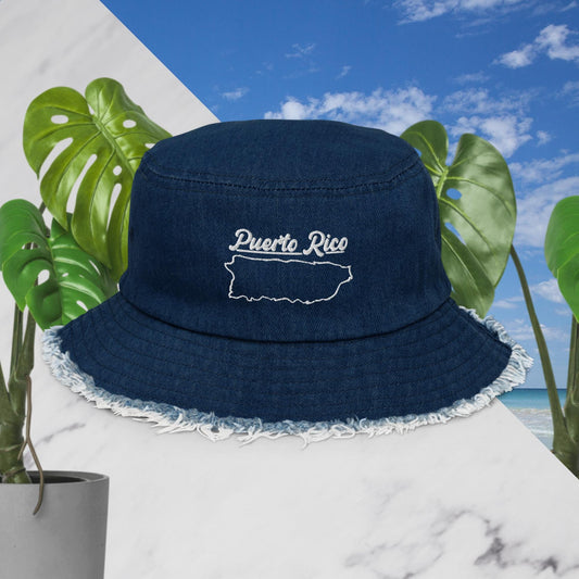 Distressed denim bucket hat - Puerto Rico Island Outline