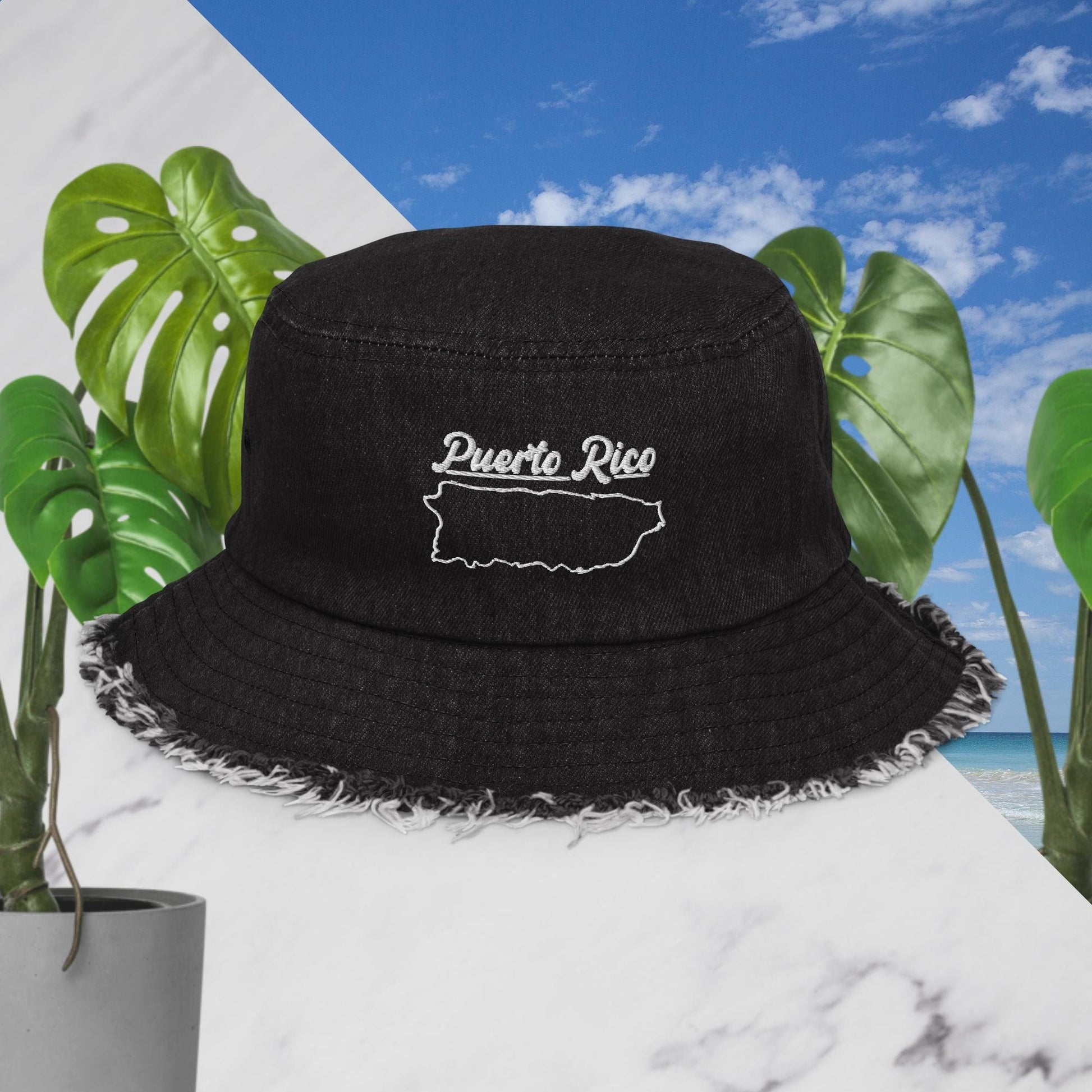 Distressed denim bucket hat - Puerto Rico Island Outline