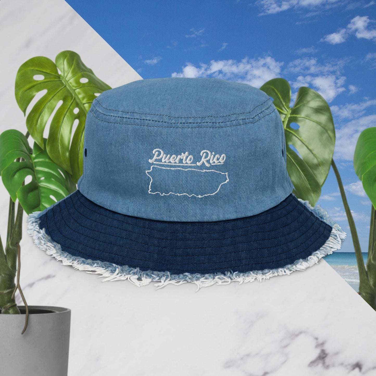 Distressed denim bucket hat - Puerto Rico Island Outline