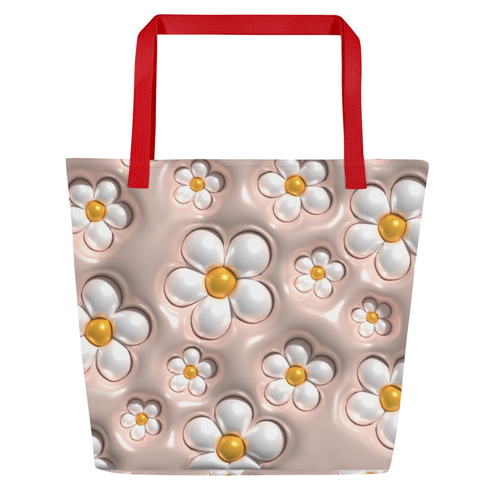 Large Tote Bag - White Flowers with Peach Background