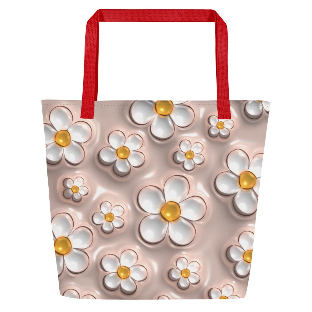 Large Tote Bag - White Flowers with Peach Background