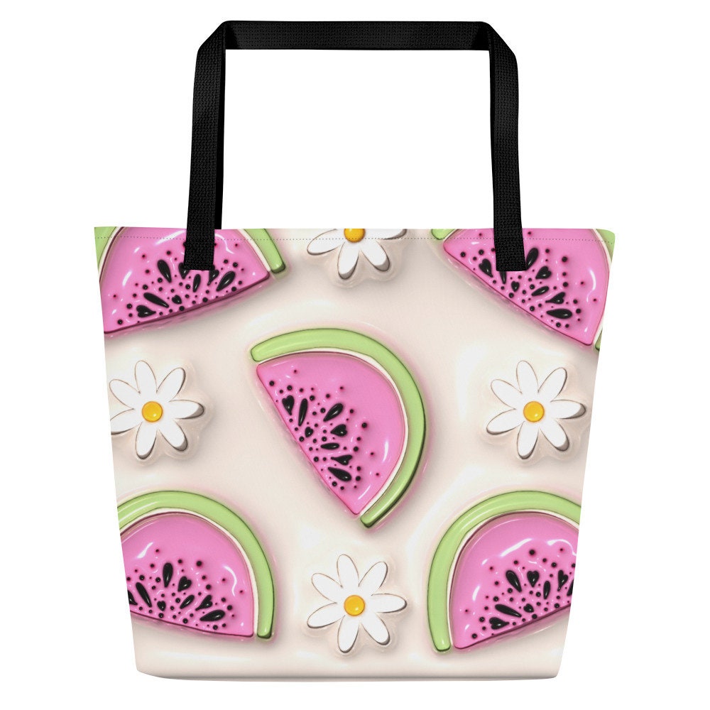 Large Tote Bag - White Flowers with Pink and Green Watermelon