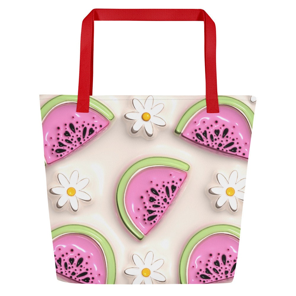 Large Tote Bag - White Flowers with Pink and Green Watermelon