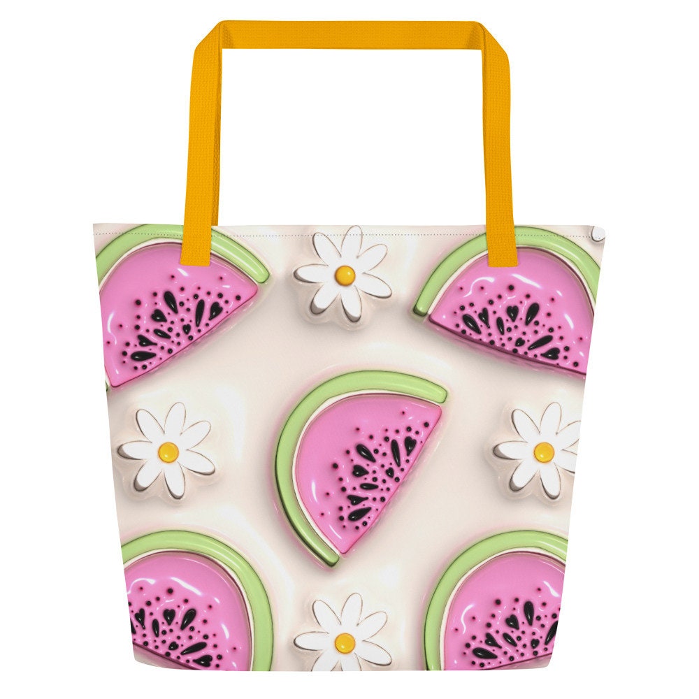 Large Tote Bag - White Flowers with Pink and Green Watermelon