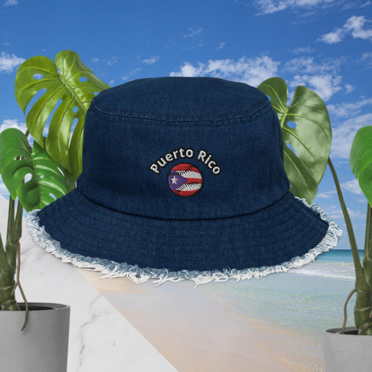 Distressed denim bucket hat - Puerto Rico Baseball