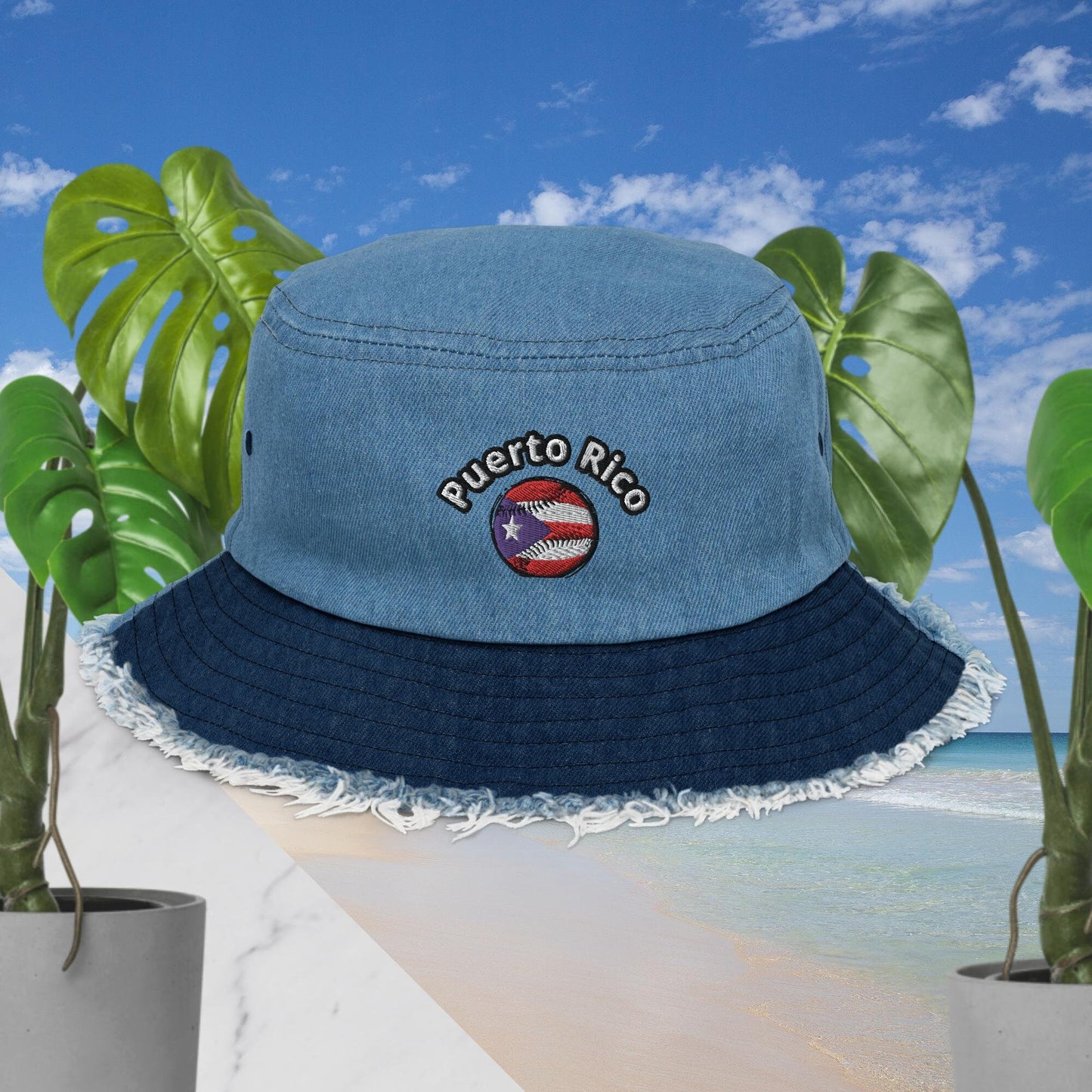 Distressed denim bucket hat - Puerto Rico Baseball