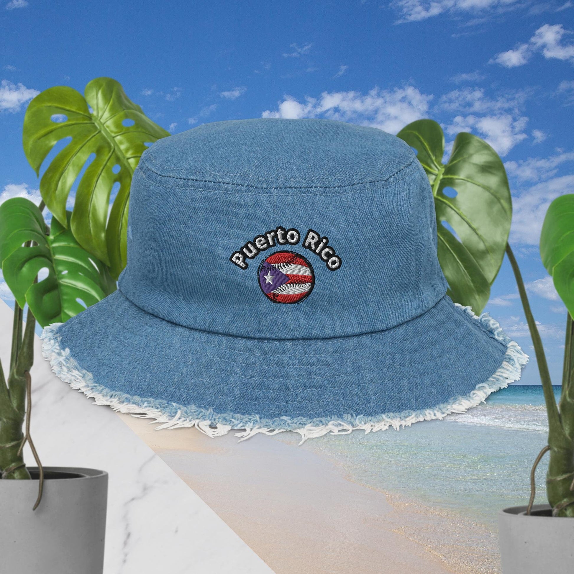 Distressed denim bucket hat - Puerto Rico Baseball