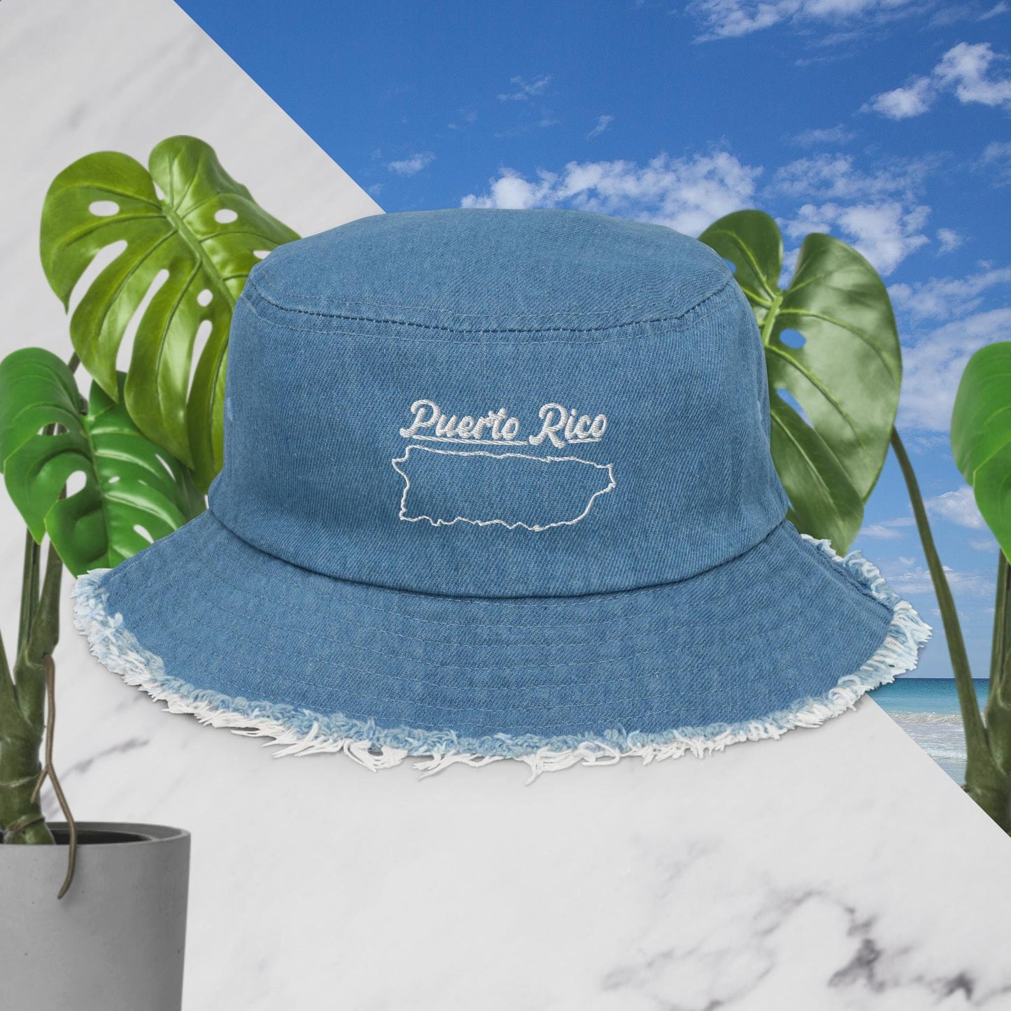 Distressed denim bucket hat - Puerto Rico Island Outline