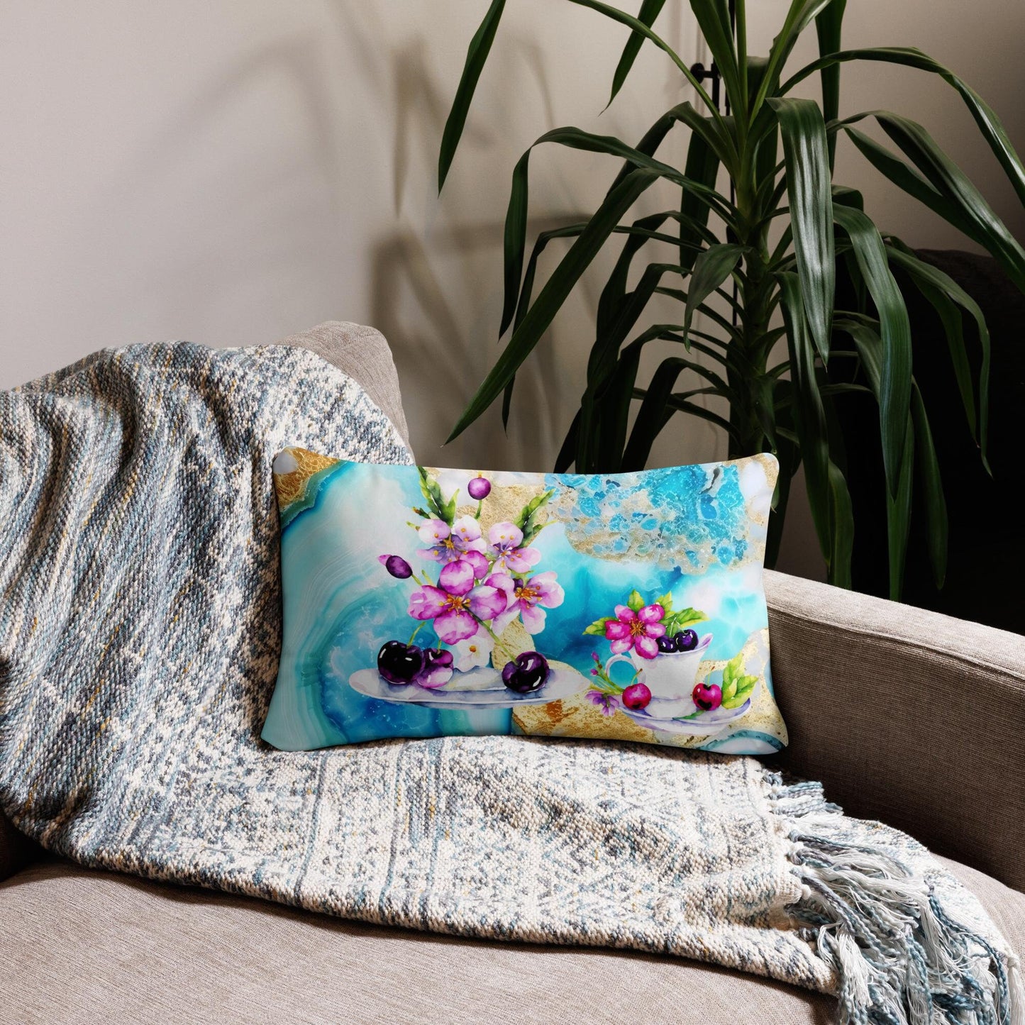 Basic Pillow - Agate Crystal with Cherries and Flowers