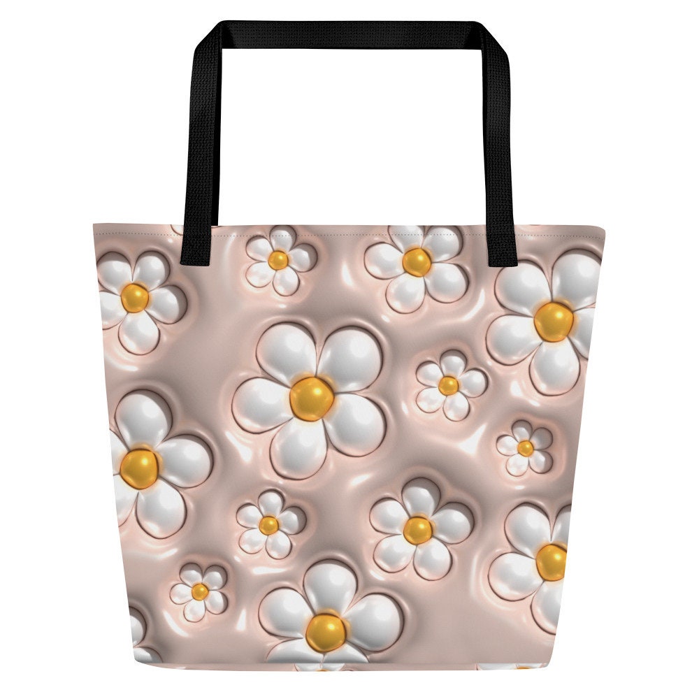 Large Tote Bag - White Flowers with Peach Background