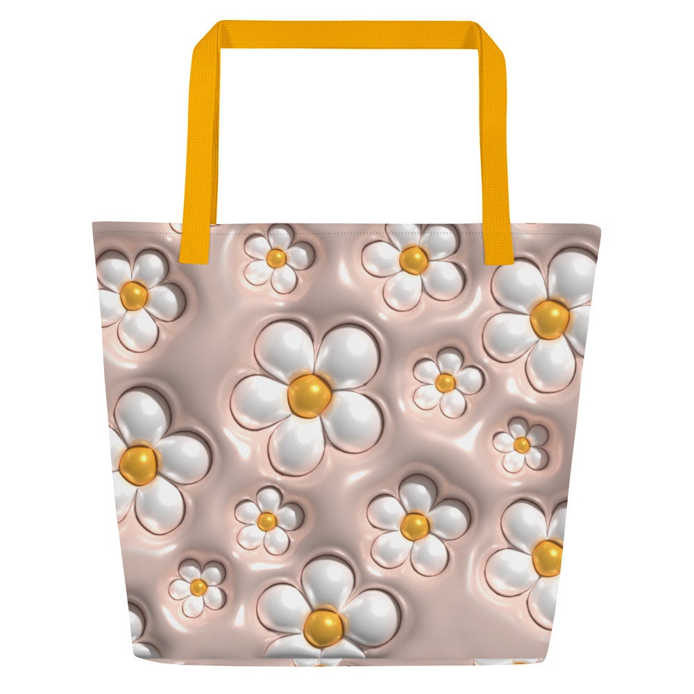 Large Tote Bag - White Flowers with Peach Background