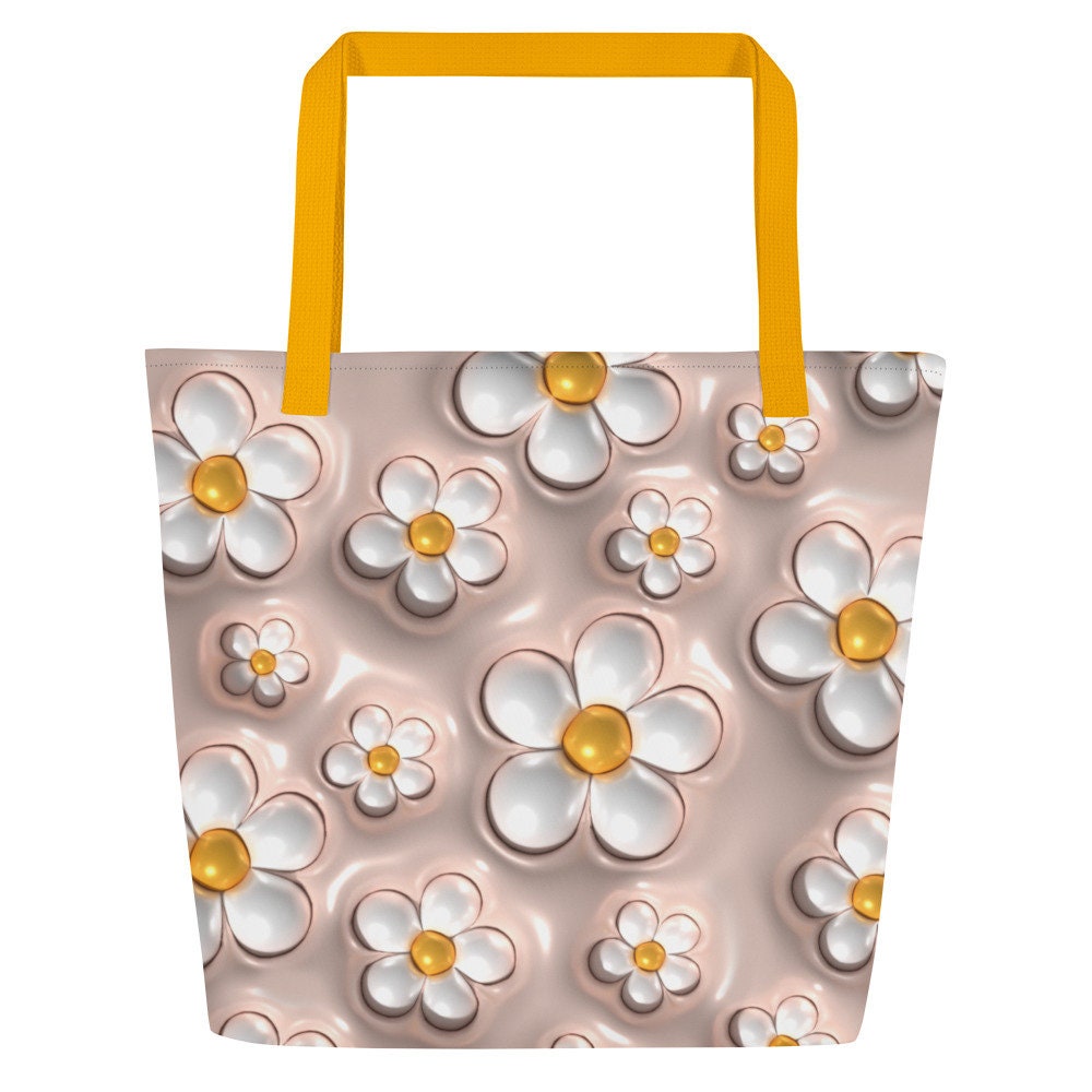 Large Tote Bag - White Flowers with Peach Background