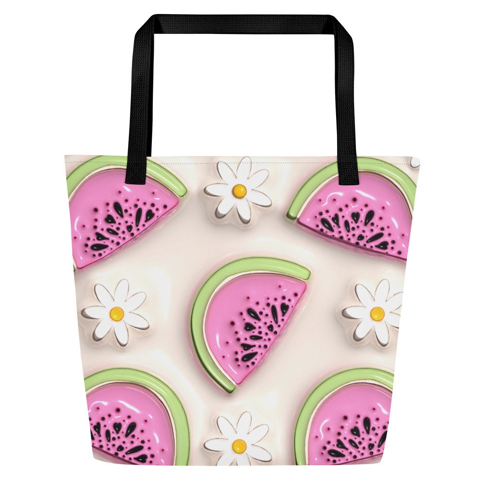 Large Tote Bag - White Flowers with Pink and Green Watermelon