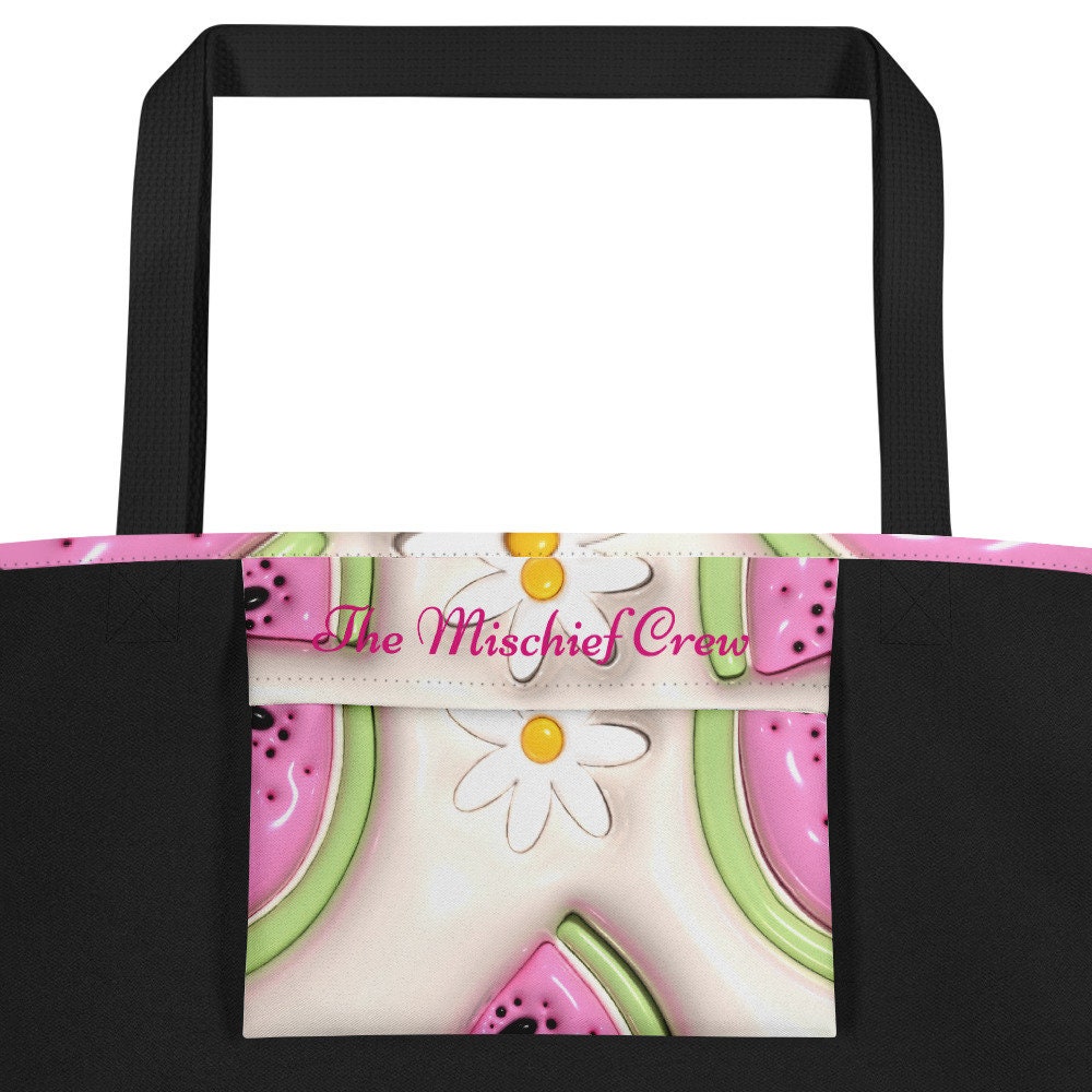 Large Tote Bag - White Flowers with Pink and Green Watermelon