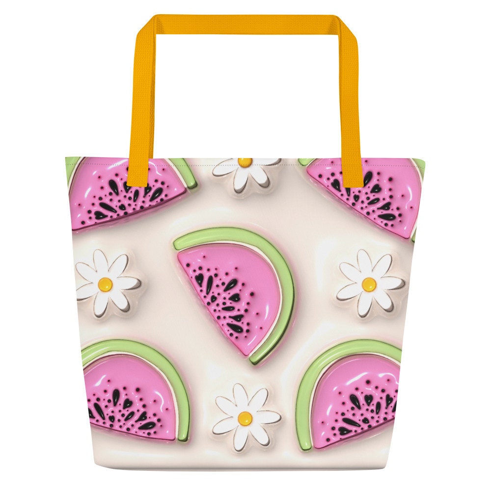 Large Tote Bag - White Flowers with Pink and Green Watermelon