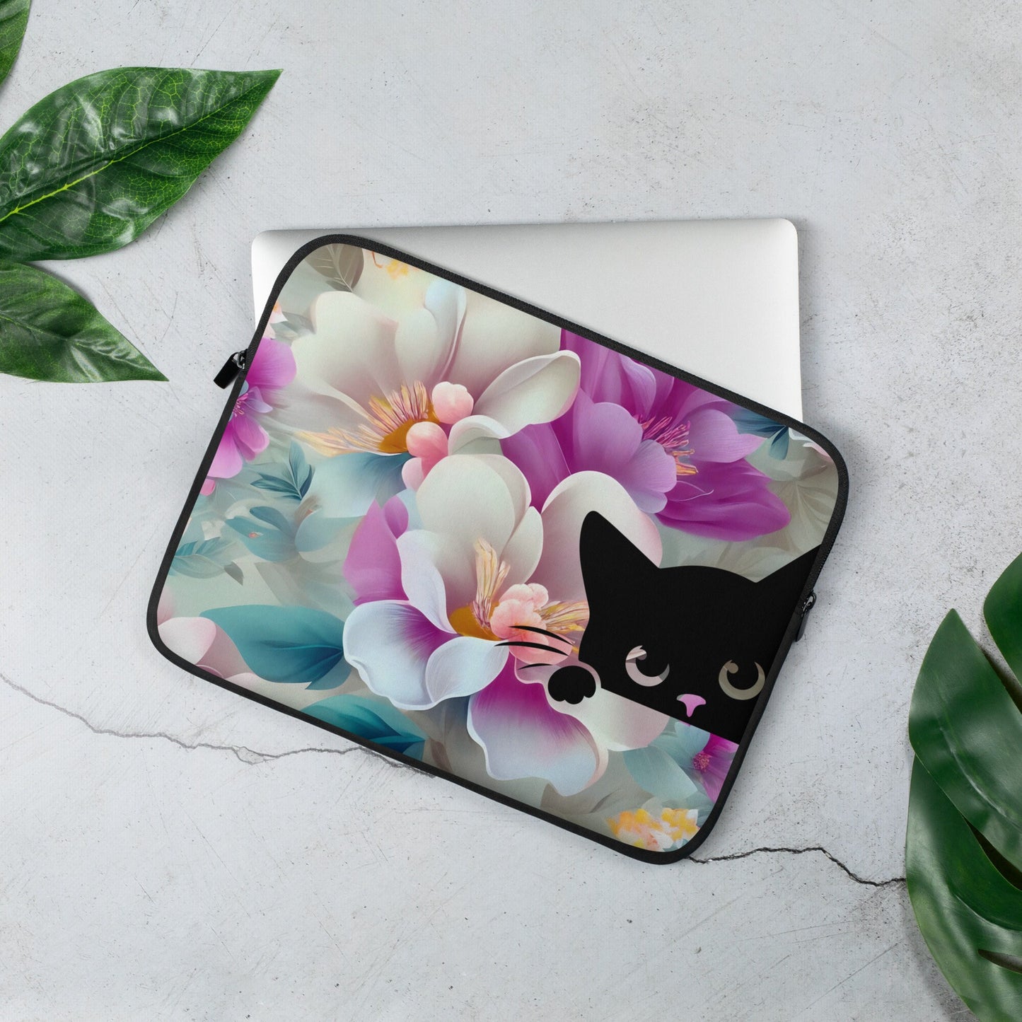 Laptop Sleeve – Colorful Flowers Peeking Cat