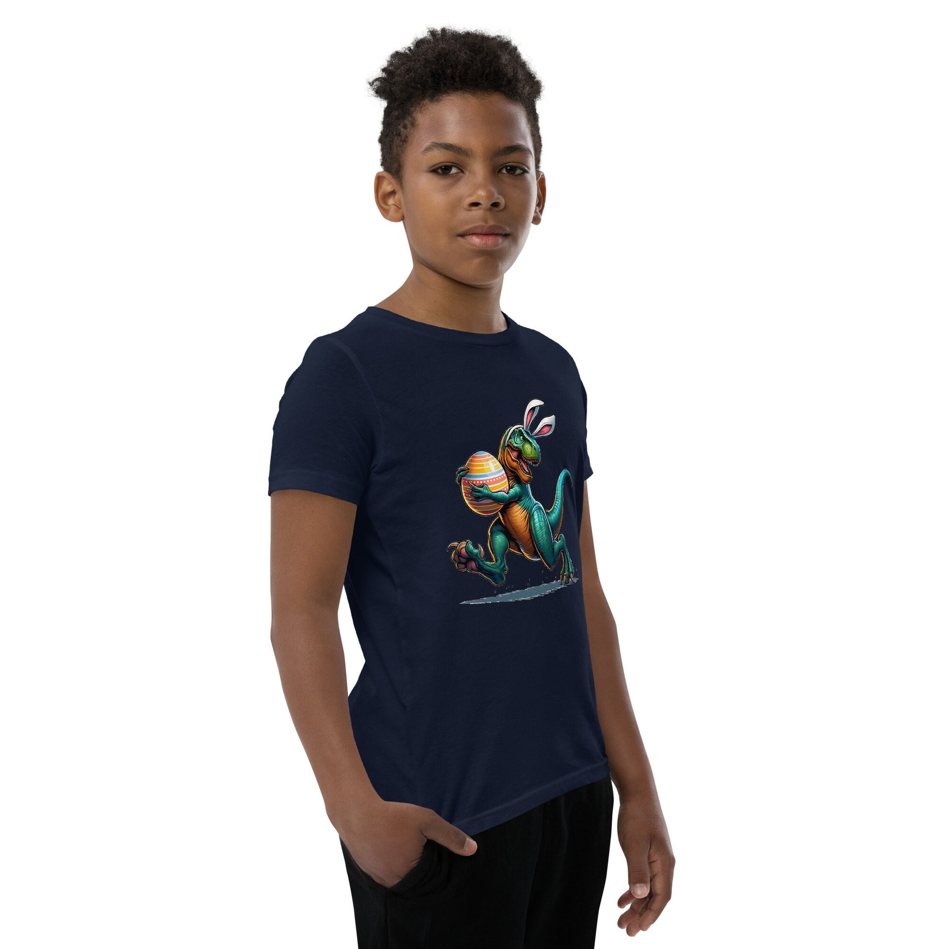 Youth Short Sleeve T-Shirt-Easter – Rex Running with Easter Egg – Run Rex Run