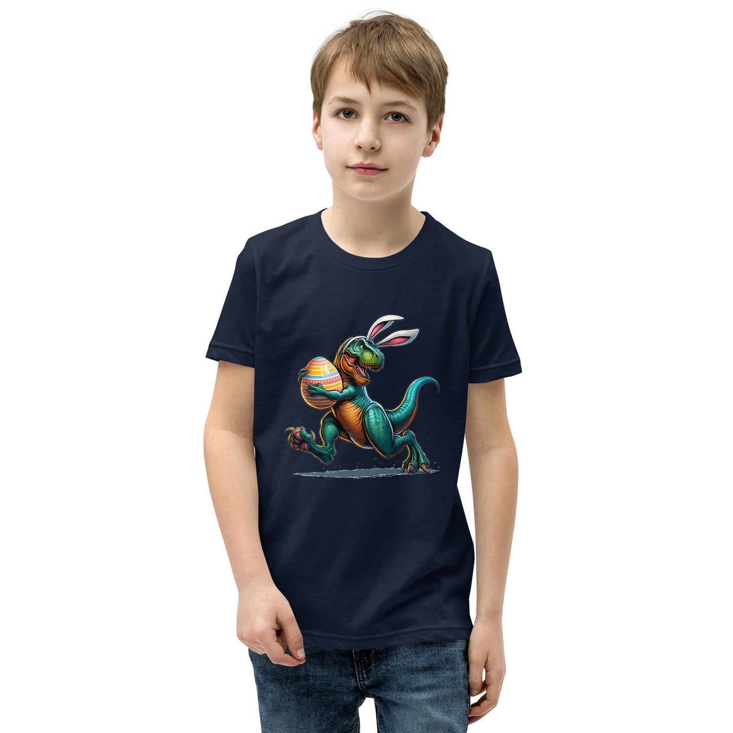 Youth Short Sleeve T-Shirt-Easter – Rex Running with Easter Egg – Run Rex Run