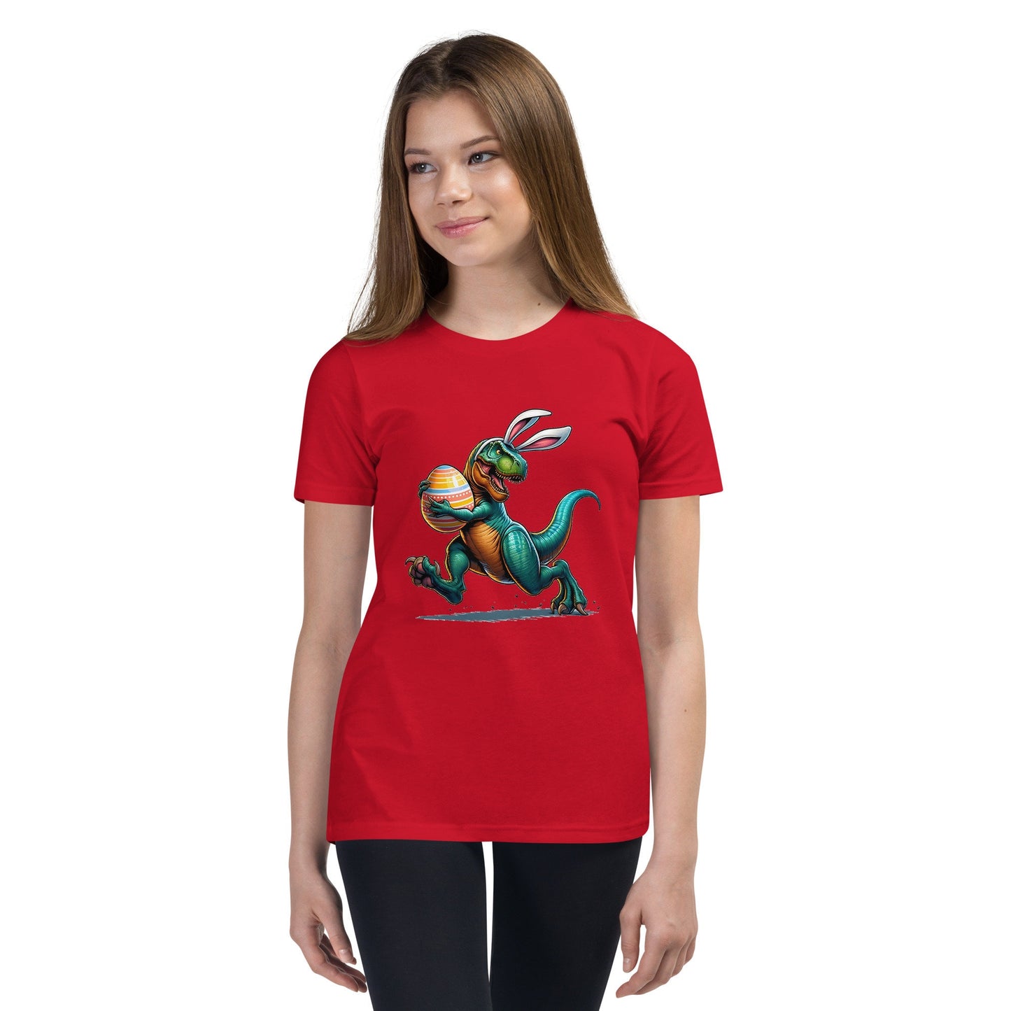 Youth Short Sleeve T-Shirt-Easter – Rex Running with Easter Egg – Run Rex Run