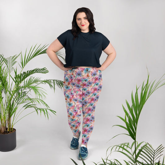 All-Over Print Plus Size Leggings - Spring Time Flowers Purple Peach Teal