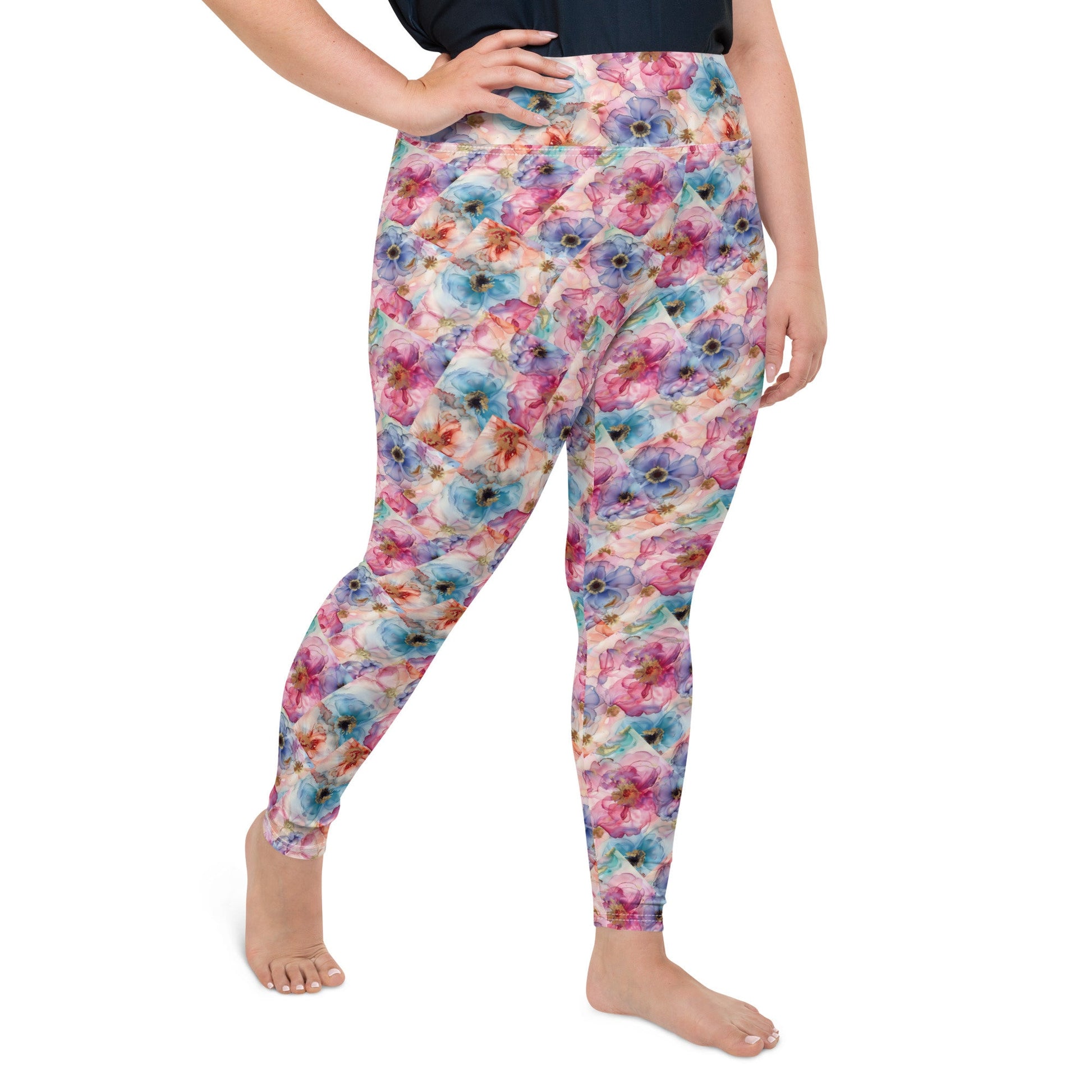 All-Over Print Plus Size Leggings - Spring Time Flowers Purple Peach Teal