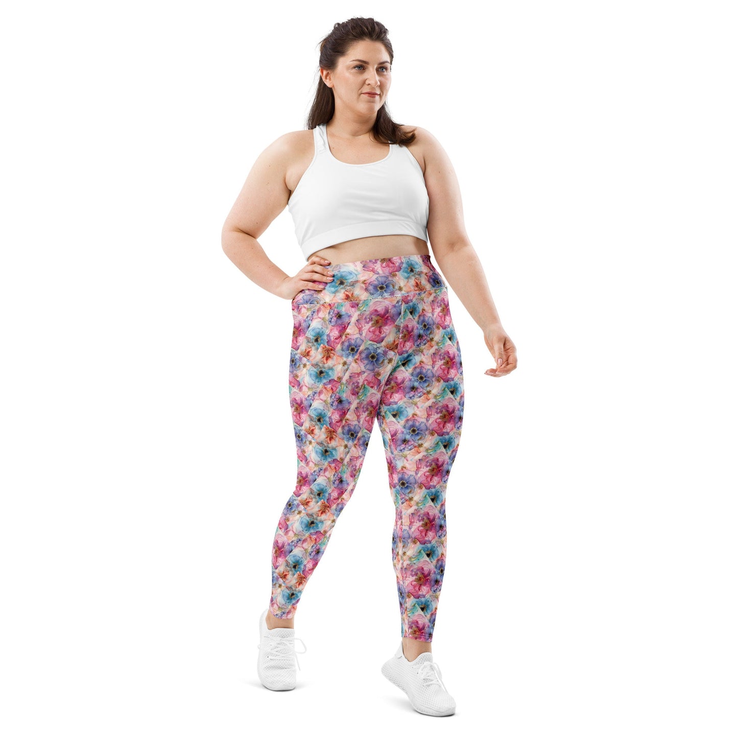 All-Over Print Plus Size Leggings - Spring Time Flowers Purple Peach Teal