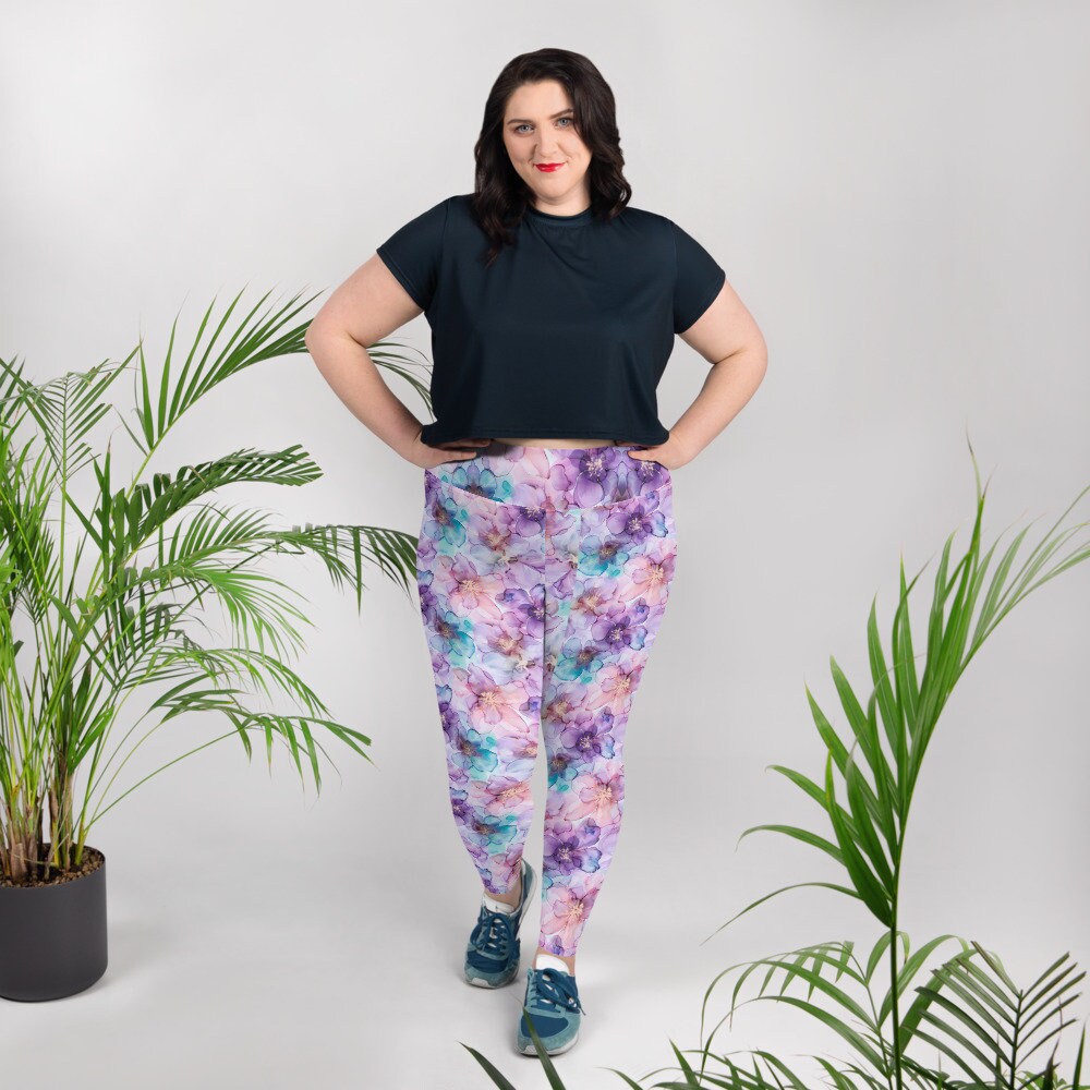 Plus Size Leggings - Spring Time Flowers Purple Teal